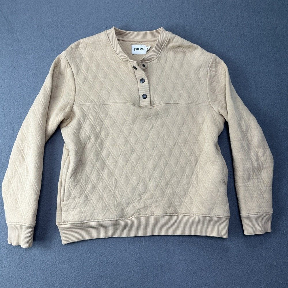 Pact Sweatshirt Womens Medium Beige Quilted Henley Organic Cotton Recycled Knit